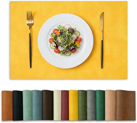 Artoid Mode Yellow Faux Leather Placemats Set of 4, 12x18 Inch Waterproof Wipeable Heat Resistant Place Mats, Reversible Table Mats for SummerKitchen Dining Decor