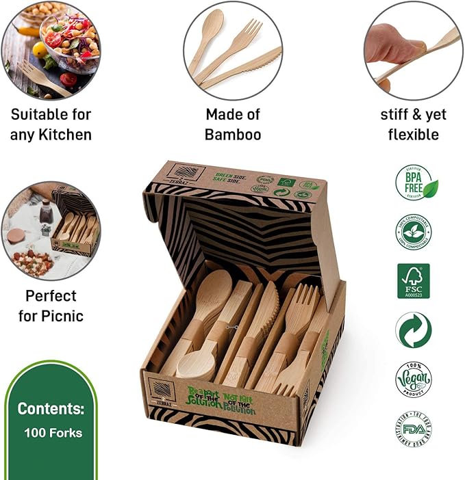 2ZEBRAZ Bamboo Cutlery Set ??100 Disposable Forks | Reusable Smooth Flatware, Heavy-Duty Natural Utensils for Dining and Entertaining