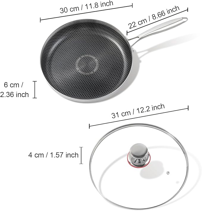 12 inch stainless steel frying pan with lid, hybrid non-stick skillet for induction, oven, broiler & dishwasher, non-toxic chef's pan, pfoa-free cookware