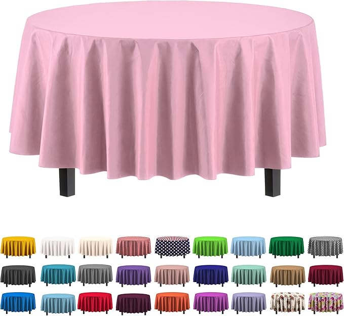 Party Solids 6-Pack Premium Plastic Tablecloth 84in. Round Plastic Table Cover - Pink