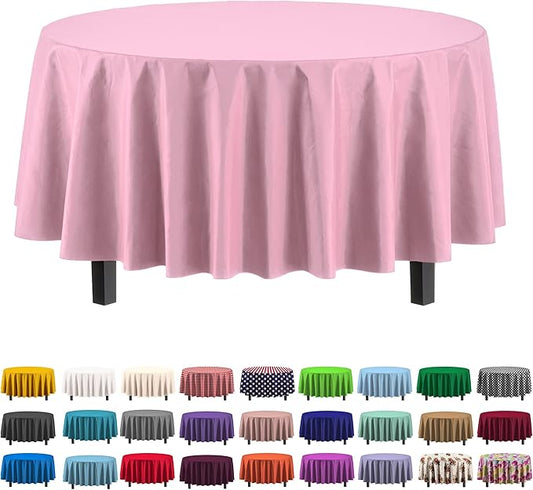 Party Solids 6-Pack Premium Plastic Tablecloth 84in. Round Plastic Table Cover - Pink