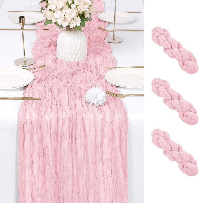 RealBox 3 Pack Light Pink Cheesecloth Table Runner 17x108 Inch Semi Sheer Boho Gauze Cheese Cloth Fabric Table Runners Table Decor for Wedding Party Baby Shower Birthday Home Decor Garden Farmhouse