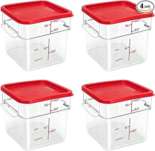 4 Pack Food Storage Containers with Red Lids, 12.0 Qt - Square, Clear, Polycarbonate, for Restaurant Commercial Kitchen and Home party