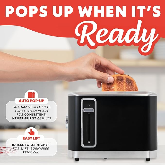 Gourmia 2 Slice Toaster ??6 Browning Levels with Bagel and Defrost Mode, One-Touch Toasting, Removable Crumb Tray, Extra Wide Slots, Compact Design, Black