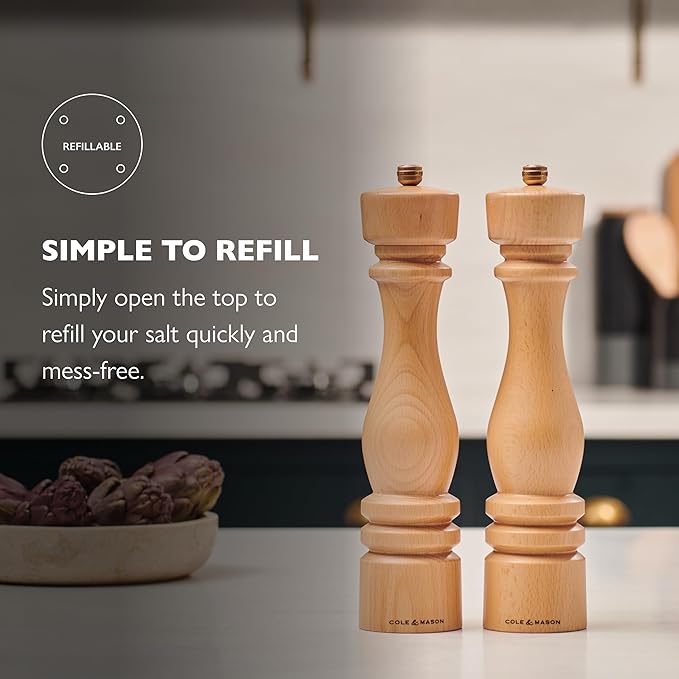Cole & Mason London Refillable Spice Mill - Kitchen & Home Accessory - Table Salt Grinder - Salt Mill with Ceramic Mechanism - 11", Natural Beech