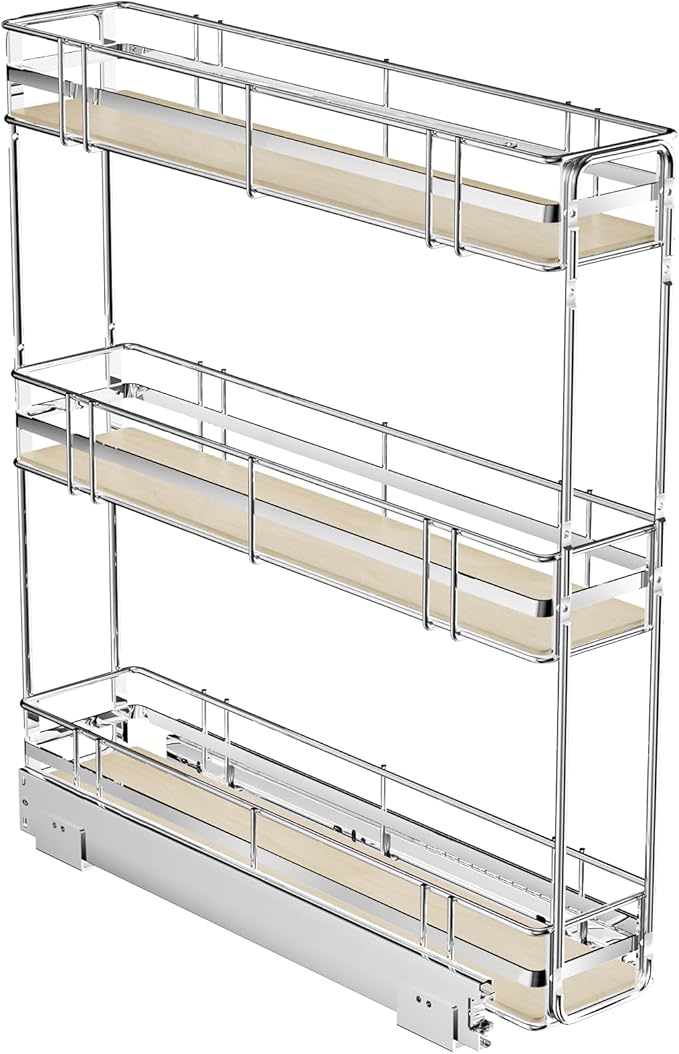 ROOMTEC 3-Tier Pull Out Cabinet Organizer Spice Rack for Narrow Cabinet 6" W x 20쩍" D, Slide Out Wood Shelves Storage for Kitchen