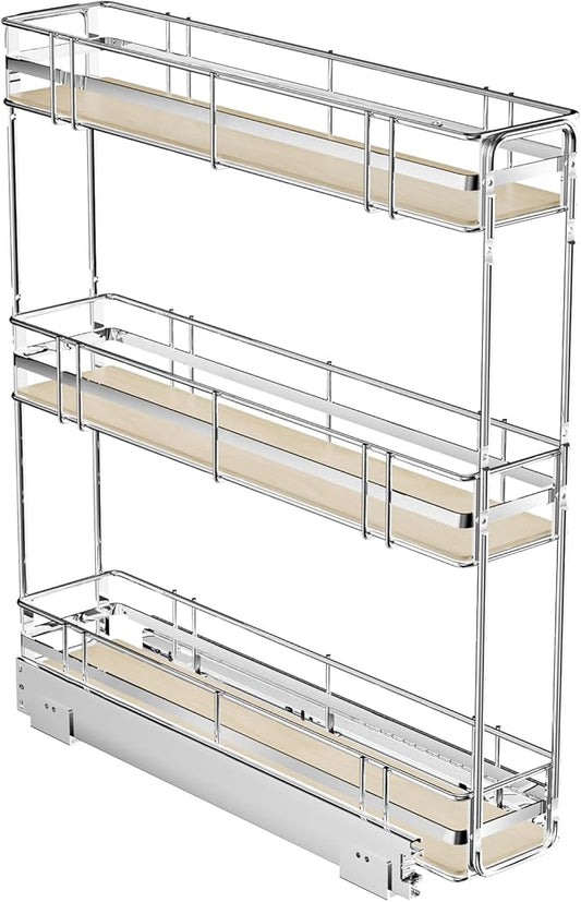 ROOMTEC 3-Tier Pull Out Cabinet Organizer Spice Rack for Narrow Cabinet 6" W x 20쩍" D, Slide Out Wood Shelves Storage for Kitchen