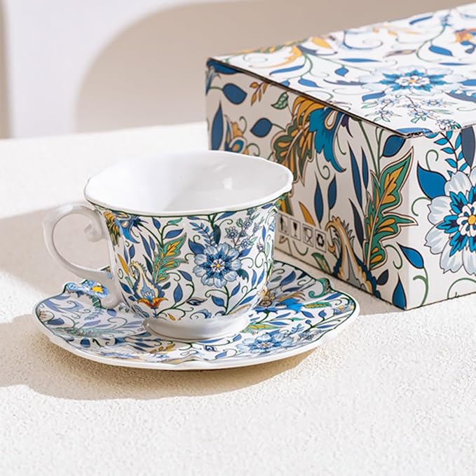 Vintage Floral Ceramic Tea Cups and Saucers,8.45 oz/260ml Small Breakfast Milk Coffee Mugs Colorful Flowers