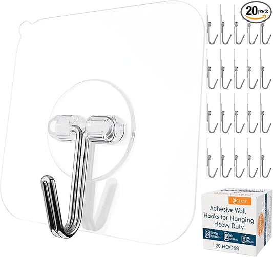 GLUIT Adhesive Wall Hooks for Hanging Heavy Duty 22 lbs Hooks for Walls No Damage, Towel Sticky Clear Hooks, Waterproof, Home, Bathroom, Kitchen, Office, and Outdoor 20 Pack