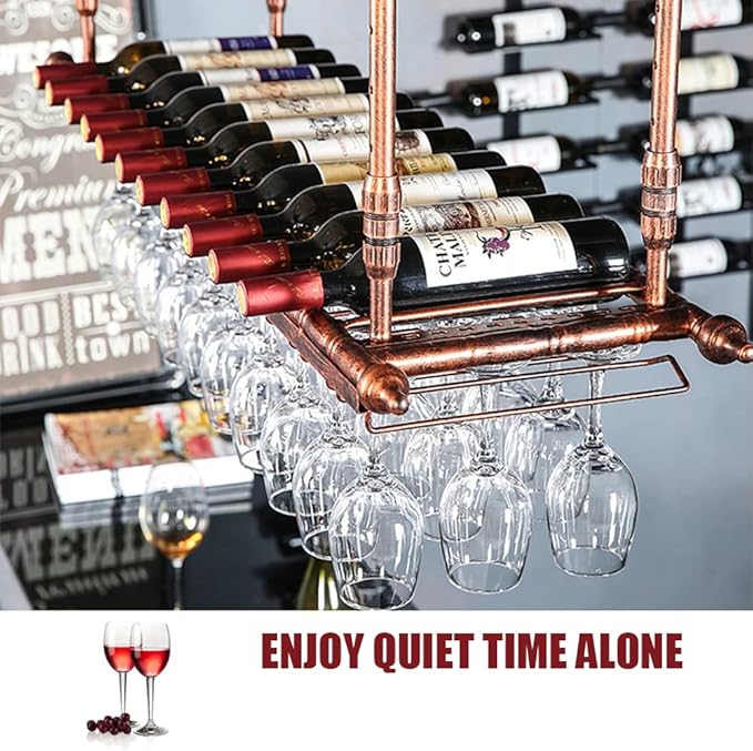 Rustic Wine Rack Wall Mounted with Glass Holder, Adjustable Hanging Bar Wine Glass Rack Ceiling, 47.2in Bottle Holder Wine Shelf Shelves, Perfect for Bar Kitche
