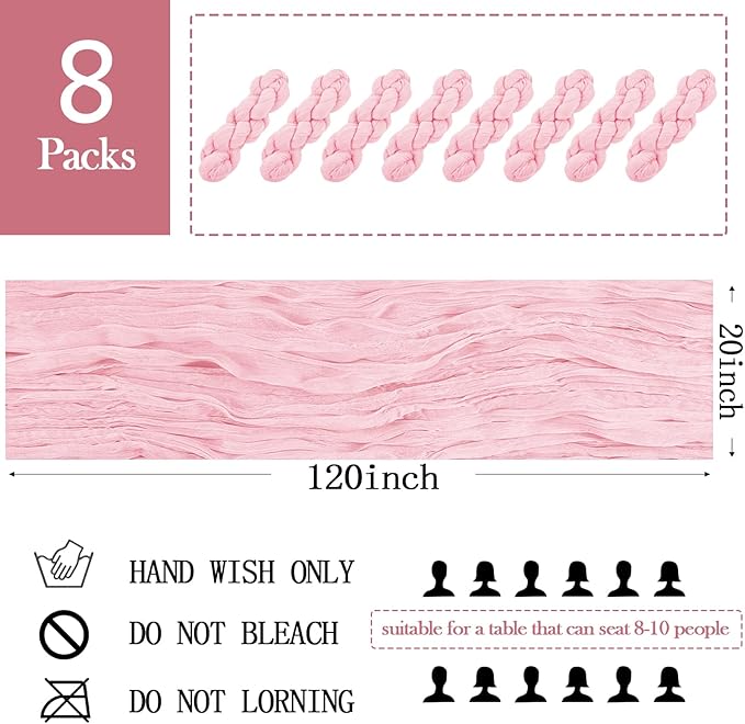 8 Pack Light Pink Cheesecloth Table Runner 20 x 120 inch Gauze Table Runners 10 FT Long,Semi Sheer Boho Cheese Cloth Fabric Table Runner Bulk for Wedding,Party,Baby Shower,Bridal Shower Decoration