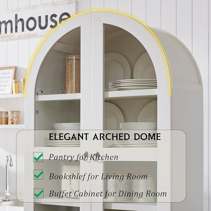 71" Tall Arched Kitchen Pantry Cabinet, Wood Kitchens Storage Cabinets with 2 Large Drawers and Adjustable Shelves, Modern Farmhouse Versatile Cupboard for Kitchen, Dining Room, Bathroom, White