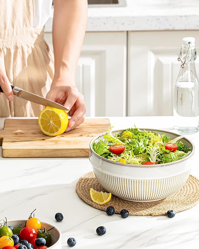 getstar Large Serving Bowls, Ceramic Salad Bowl Set of 4, Microwave and Dishwasher Safe, Farmhouse Kitchen Decorative Nesting Bowls Set (8"+7")