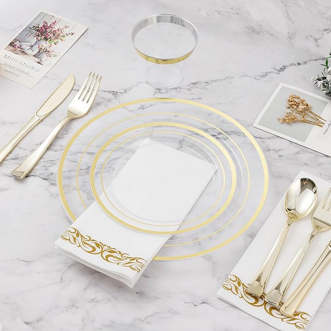 BESTVIP 50PCS 7" Clear Gold Plastic Plates, Disposable Salad Dessert Plate with Gold Rim for Christmas, Thanksgiving, Heavy Duty Disposable Plastic Plates for Party, Wedding and Birthday, Events