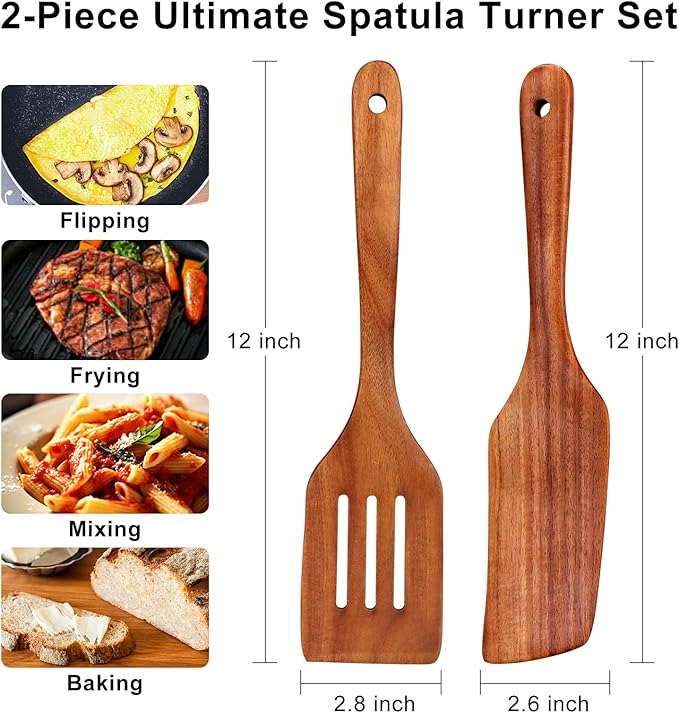 Best Teak Wooden Spatula Set Non Toxic 2 Pcs Wood Kitchen Utensils sets Slotted Turner Spatula Wood Angled Spurtle for Cooking, Flat Frying, Pancake, Egg, Non Stick BPA Free