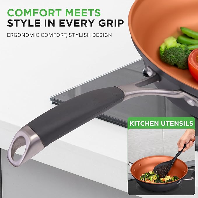 NutriChef 14-Piece Nonstick Kitchen Cookware Set ??PFOA/PFOS-Free, Copper/Hard-Anodized, Induction Compatible, Stackable, Luxury Design, Includes Pots, Pans, Jumbo Cooker, Griddle, and Utensils