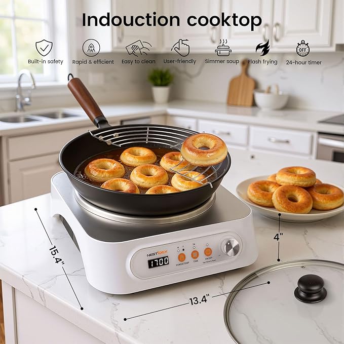 Induction Wok Burner, NESTIQEX Portable Induction Cooktop with Carbon Steel Wok, Glass Vented Lid, Rack, 194??446?? 24 Hrs Timer, Auto-off 1700W/120V Electric Burners for Restaurant, Kitchen