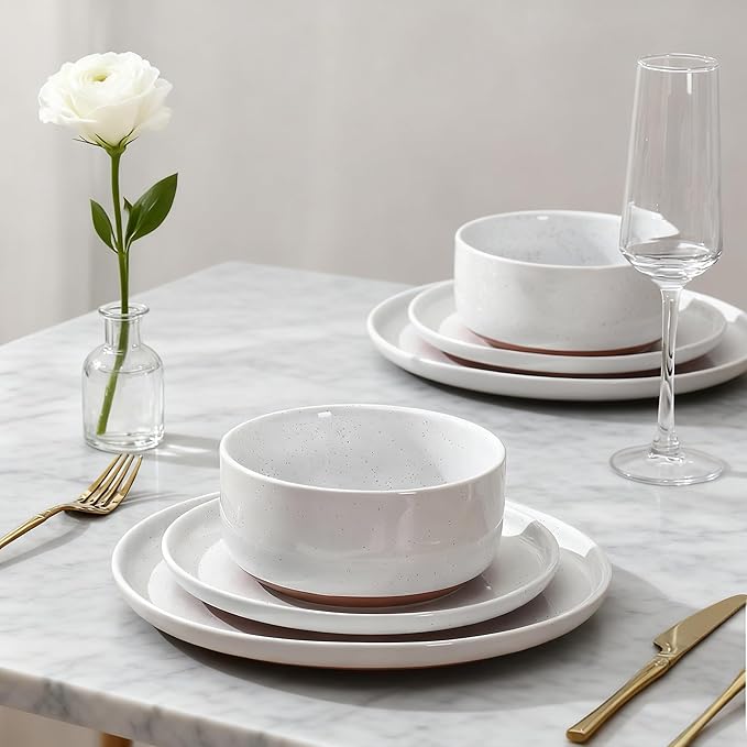 GZG Ceramic Dinner Plates Set of 4, 10.25 Inch Speckled Stoneware Plates with Clay-Tone Base, Large Ceramic Plates for Steak, Salad, Pizza, Microwave Oven Dishwasher Safe