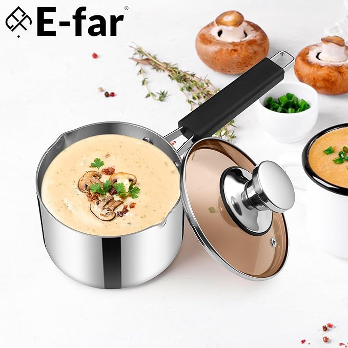 E-far 2 Quart Sauce Pan with Lid, Stainless Steel Tri-Ply All Clad Small Cooking Pot with Pour Spout, Multipurpose Induction Saucepan & Stay-Cool Handle, Compatible with All Cooktops, Dishwasher Safe
