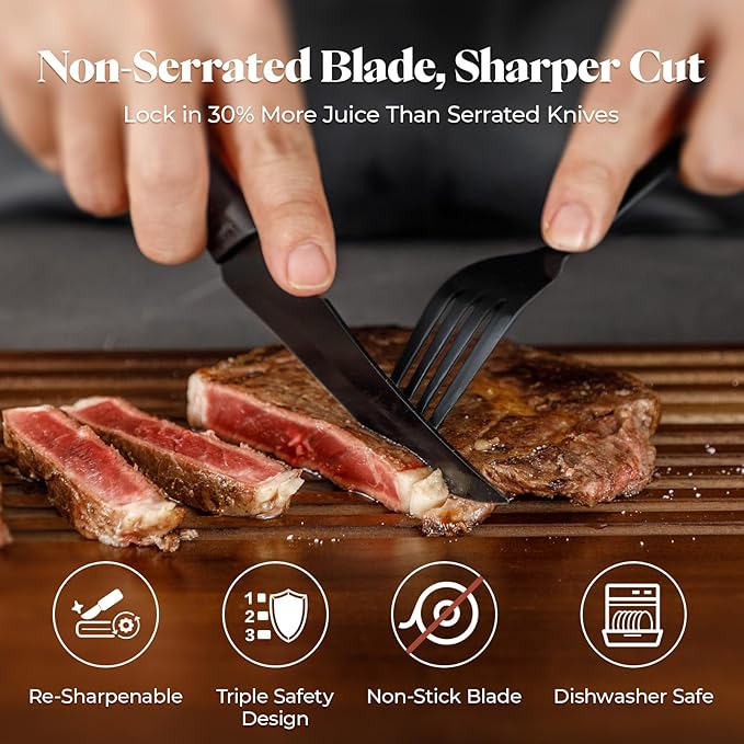 Steak Knives Set of 8 with Magnetic Knife Strip, 4.7 Inch Dishwasher Safe Non Serrated Dinner Knives, Razor Sharp for Precise Cutting, Non-Stick Blade & Non Rust, Housewarming Gifts New Home