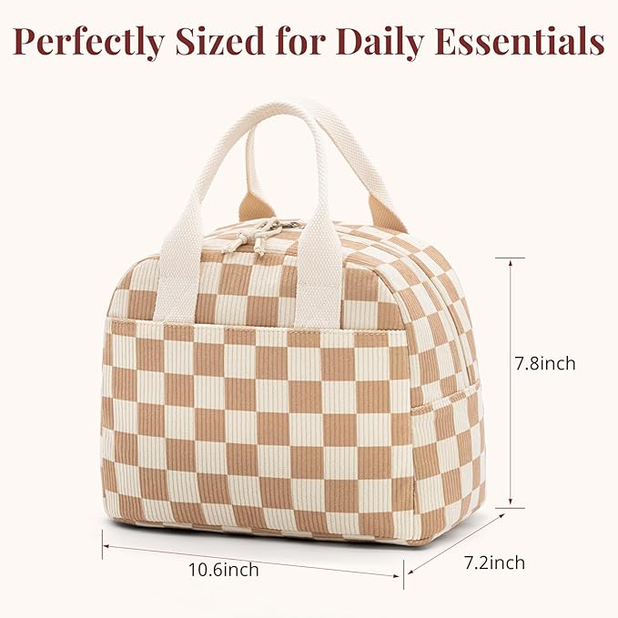 LOVELYWIND Insulated Brown checkered Lunch Bag for Women, Corduroy Tote with Aluminum Lining, Large Capacity Reusable Cooler for Work, Travel, Beach or Picnic, Checkered Water-Resistant Lunch Box