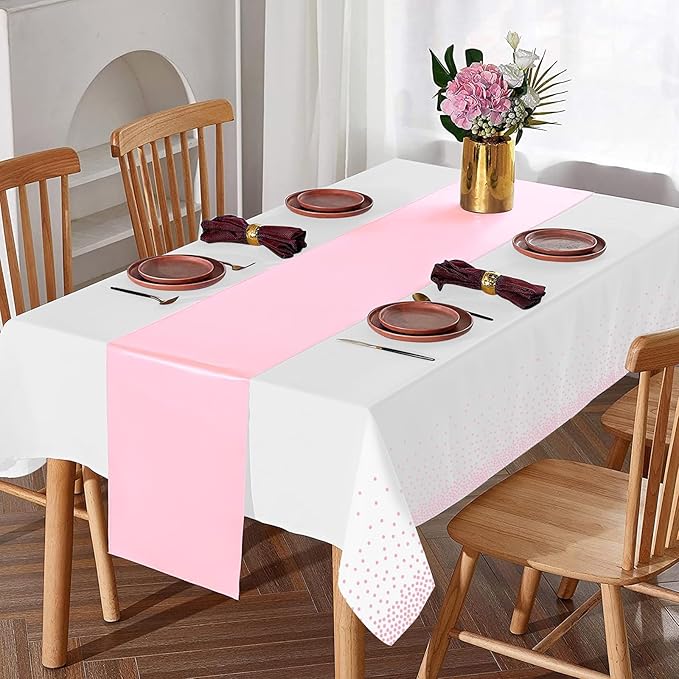 16Pack Disposable Plastic Tablecloths and Satin Table Runner Set White and Pink Dot Table Cloth Gold for Graduation Wedding Engagement Birthday Baby Shower Anniversary Holiday Party Decorations