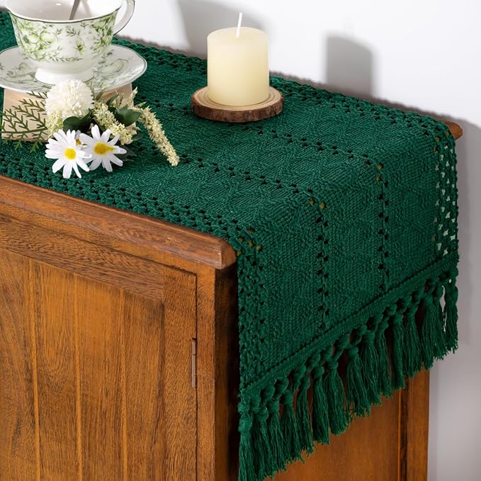 Socomi Boho Table Runner Macrame Valentine's Day Farmhouse Woven Cotton Linen Rustic Coffee Table Runner with Tassels for Dresser Scarf Home Decor Dining Room 12x90 inch Emerald Green