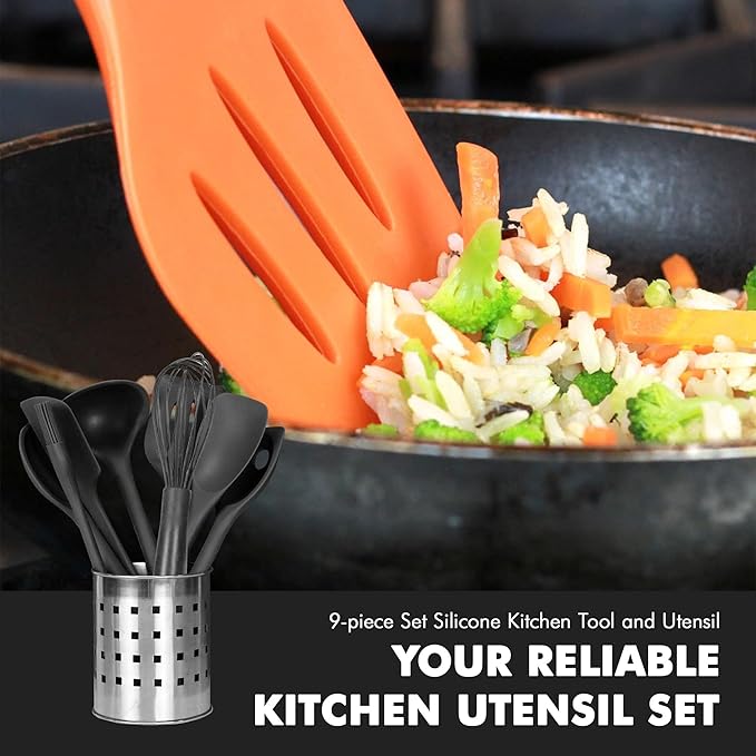 Chef Craft - Premium Silicone Kitchen Tools and Utensils Set, Non-Scratch, Withstands Temperatures up to 450째F, BPA-Free, 9 Piece Cooking Utensils Set, Black