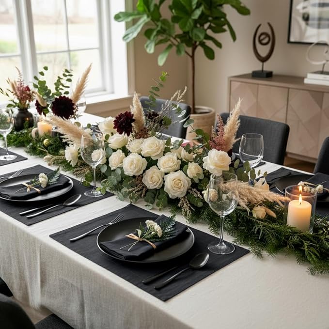 D'Moksha Homes Linen Black Placemats Set of 4-100% Pure Linen Placemats 14 x 19 Inch for Spring, Easter - Handcrafted and Machine Washable