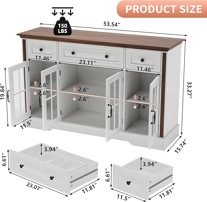 Sideboard Buffet Cabinet with Storage, 4 Glass Doors & 3 Drawers, 53.5" Farmhouse Modern Credenza Console Table with Adjustable Shelves, Coffee Bar Cabinet for Kitchen Dining Living Room, White
