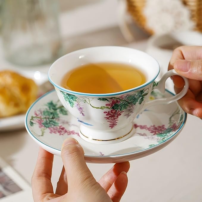 Floral Ceramic Cup Bone China Tea Cup and Saucer Set 6.8 Oz Gold Trim Vintage Style Porcelain Coffee Cup for Home Kitchen Office, Style 6