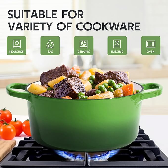 6 Quart Dutch Oven Enameled Cast Iron with Lid - Big Dual Handles - Oven Safe up to 500째F - Classic Round Pot for Versatile Cooking (Green, 6 QT)