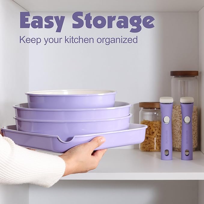 SENSARTE 17 Piece Ceramic Pots and Pans Set, Nonstick Detachable Handle Cookware, Induction Kitchen Cookware Set with Removable Handle, Dishwasher 竊?Oven Safe (Purple)