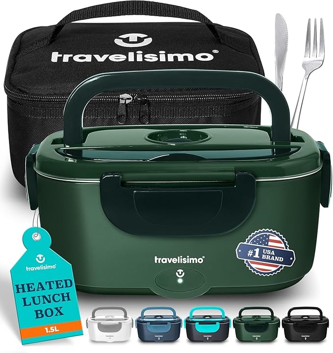 TRAVELISIMO Electric Lunch Box for Adults 100W Heated Lunch Box For Men 1.5L Stainless Steel Portable Food Warmer, 12/24/110V Electric Food Warmers for Travel & Work Loncheras Para Hombres de Trabajo