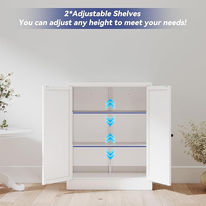 Metal Pantry Cabinet, 35 Inch Tall Kitchen Storage Cabinet, Pantry Cabinet with Doors and 2 Adjustable Shelves, Food Pantry Storage Cabinet for Kitchen, White