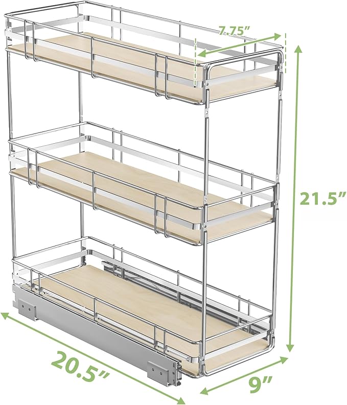 ROOMTEC 3-Tier Pull Out Cabinet Organizer Spice Rack for Narrow Cabinet 9" W x 20쩍" D, Slide Out Wood Shelves Storage for Kitchen