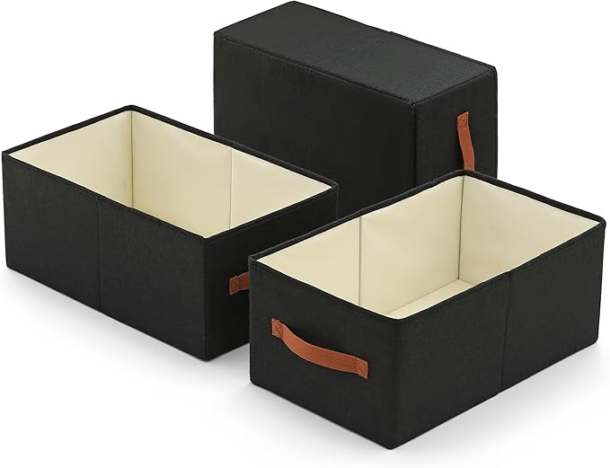 linen closet organizers and storage, 3 Pack Large Storage Baskets, Washable, Clothing Storage Bins with Handle, Closet Organizer for Storage Sweater,Sheets (Black, 18쩍"x11"x8쩍")