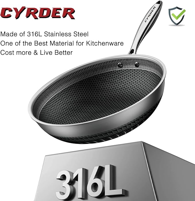 Hybrid Nonstick 12.5Inch 316 Stainless Steel Pan, PFOA Free Wok, Dishwasher Oven Safe, Stay Cool Handle Skillet, Works with Induction Cooktop/Ceramic/Gas/Electric Stovetop