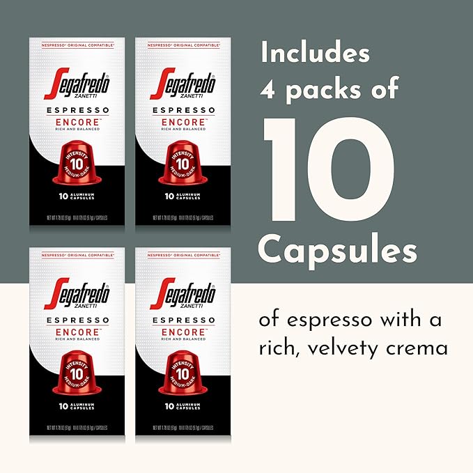 Segafredo Zanetti Espresso Capsules ??Aluminum Pods for Nespresso Original Machines ??Medium-Dark Roast Premium Espresso with a Rich Aroma ??Balanced, Intensity 10 ??Encore, 10 Count (Pack of 4)