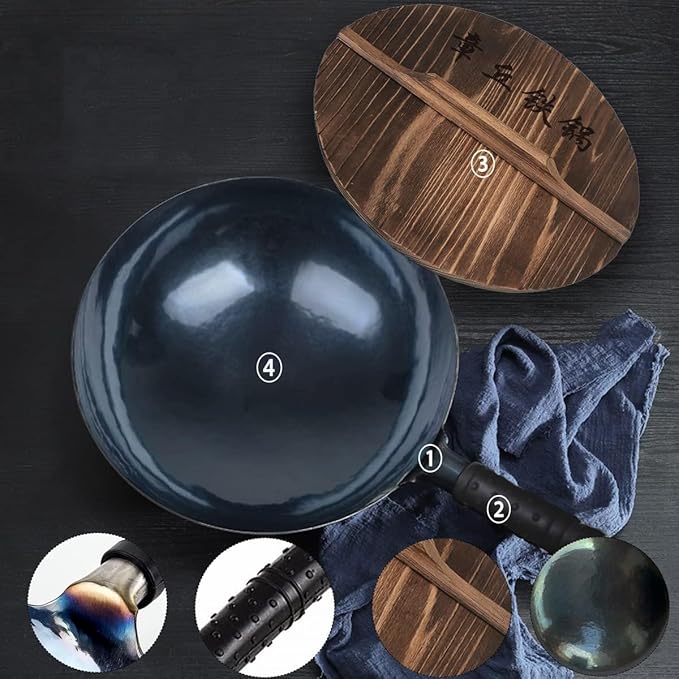 13 Inch Chinese Hand Hammered Iron Wok and Stir Fry Pans with Lid Round Bottom Wok Pan Non-stick No Coating Ideal for Home Use and Gift Giving