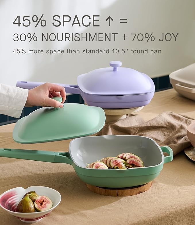 10.5 Inch(3.8QT) Ceramic Pan with Lid,Non Stick Frying Pans Cast Aluminum Deep Saut챕 Pans,Ti-Ceramic Non Toxic Pix Pan with Wooden Spatula and Scrubber-Dusk Petal