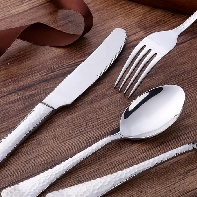 Silverware Set, 20 Piece Premium 18/8 Stainless Steel Hammered Kitchen Utensil Flatware Cutlery Sets of 4, Mirror Polish, Dishwasher Safe