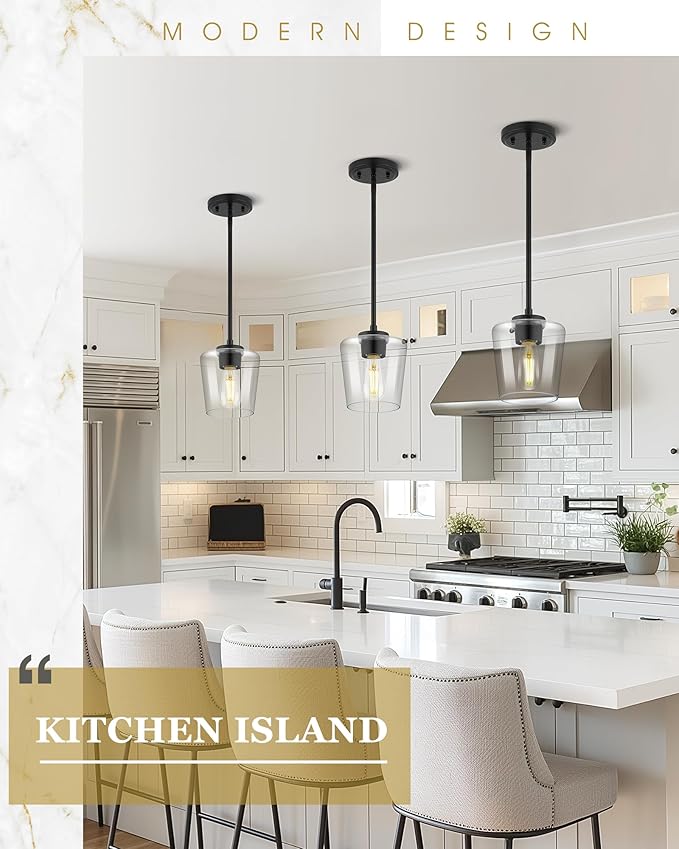 Black Pendant Lights Kitchen Island, 6" Hanging Lights Fixtures with Clear Glass Shade, Modern Kitchen Pendant Lighting Over Island for Dining Room, AD-22004-1P-BK-C