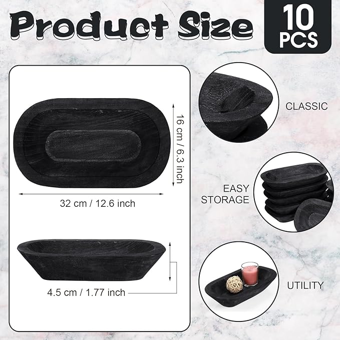 Nuogo 10 Pack Wooden Dough Bowls Bulk 12.5 Inch Rustic Dough Bowls for Wedding DIY Candle Home Crafts Making Farmhouse Fruits Supplies Decoration(Black)
