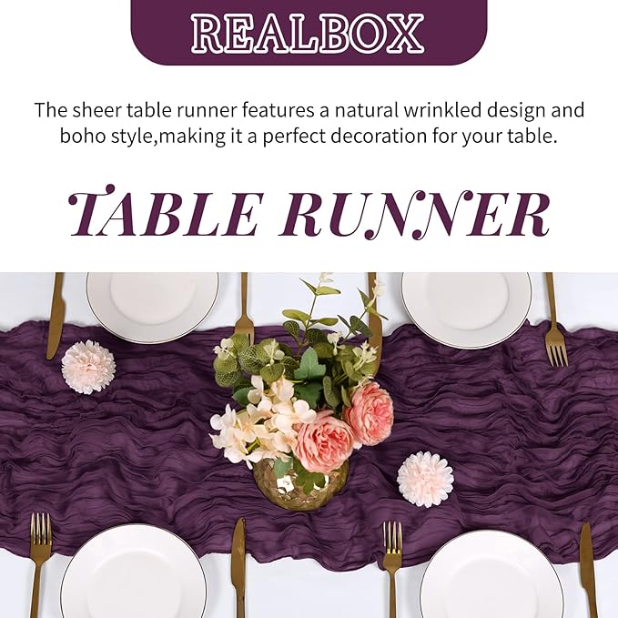 RealBox 3 Pack Dark Purple Cheesecloth Table Runner 17x108 Inch Semi Sheer Boho Gauze Cheese Cloth Fabric Table Runners Table Decor for Wedding Party Baby Shower Birthday Home Decor Garden Farmhouse