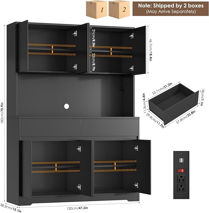 FINETONES 71" Tall Pantry Cabinet with LED Lights and Charging Station, 47.2" Wide Kitchen Pantry Storage Cabinet Kitchen Hutch with Microwave Stand, Tall Storage Cabinet for Living Room, Black