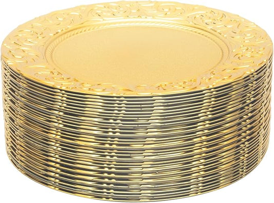 100pcs Gold Charger Plates, 13" Round Reusable Decorative Flower Relief Carving Bulk Chargers for Dinner Plates, Wedding, Bridal Shower