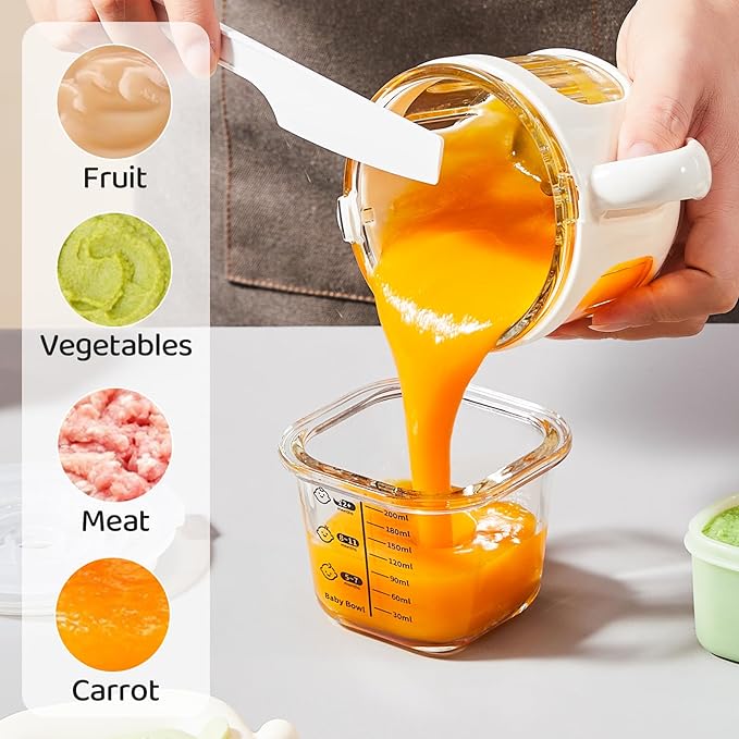 Baby blender food maker, PLODON 15-in-1 baby food processor set, suitable for fruits, vegetables, and meat, compatible with stage-based recipes, separator, silicone spoon, scraper, (WHITE）