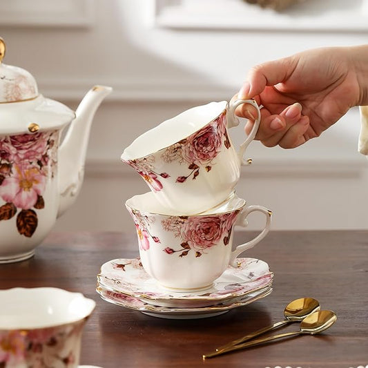 TATSUMI Country Roses Bone China Tea Cup and Saucer Set, 6 Pieces, Vintage Style, For Women and Tea Parties (Chocolate Red, 2 set)