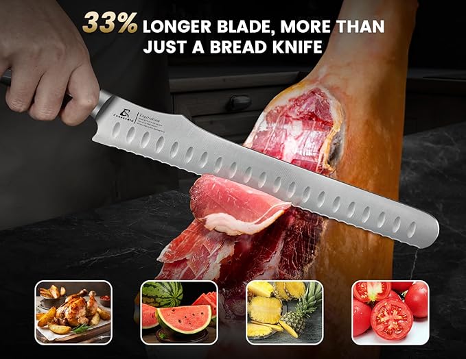 Bread Knife for Homemade Bread, 9 Inch Multifunction Serrated Knife, Razor Sharp Slicer, High Carbon German Steel Bread Cutter, Ergonomic Handle Design for Sourdough Turkey Fruit Cutting